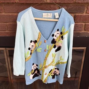 Blue Embroidered Panda Cardigan Sweater